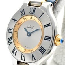 Cartier Must De 21 1340 Quartz Women's Watch 28mm Silver Dial Blue Leather JAPAN