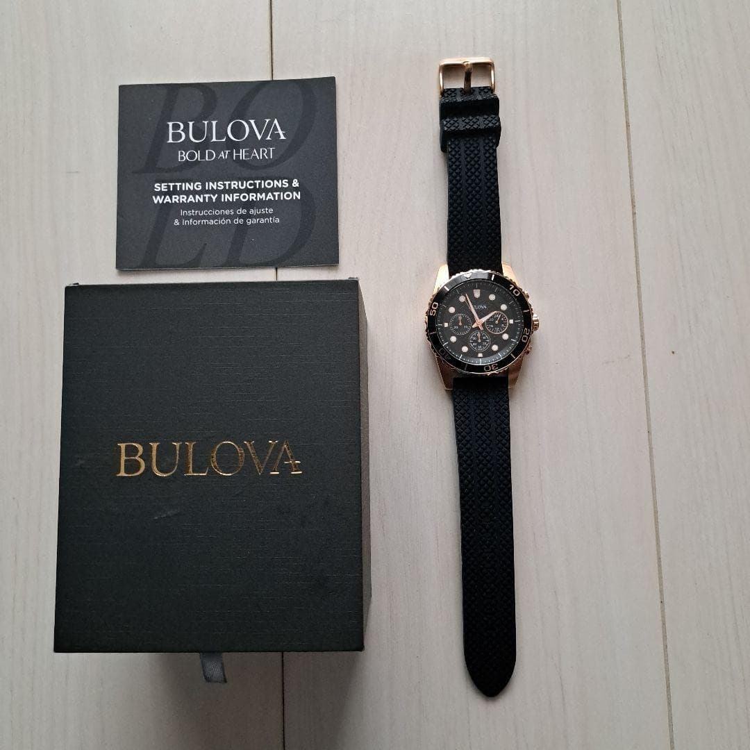 BULOVA Chronograph Watch Pink Gold Rubber Band Used Excellent Condition