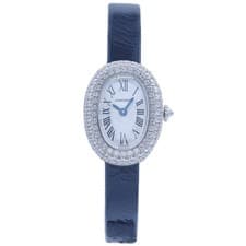 Cartier Baignoire 18K White Gold Diamond Silver Dial Black Strap Watch