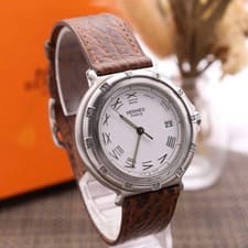 Hermes Captain Nemo Quartz 36mm Diver Watch Brown Leather New Battery