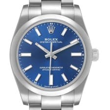 Rolex Oyster Perpetual 34 Blue Dial Steel Mens Watch 124200 Box Card
