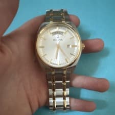 Bulova Men's Silver Gold Stainless Steel Analog Wristwatch Day Date