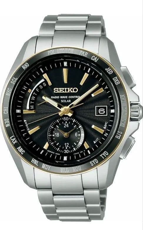 Near Mint SEIKO Brightz SAGA160 8B54-0BB0 Titanium Solar Radio Gold Sapphire
