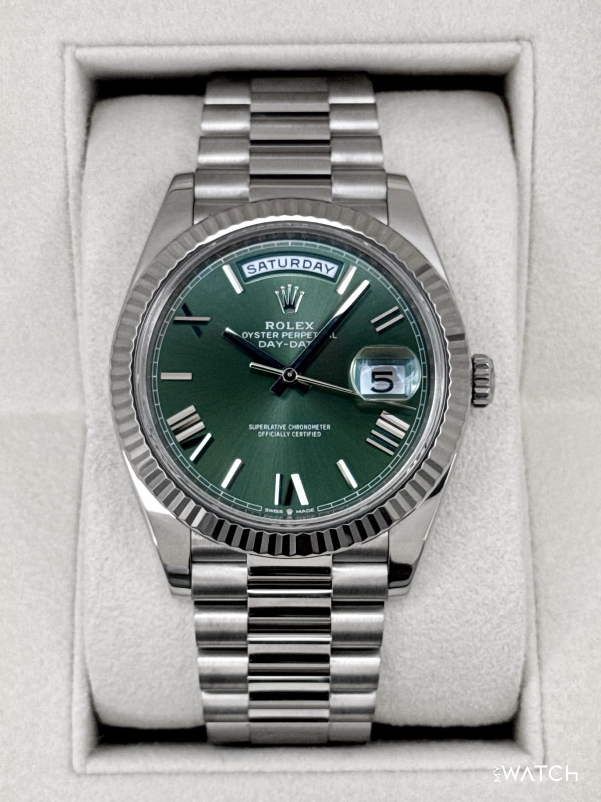 2022 Rolex Day-Date 40mm 228239 Presidential 18kt White Gold Olive Dial