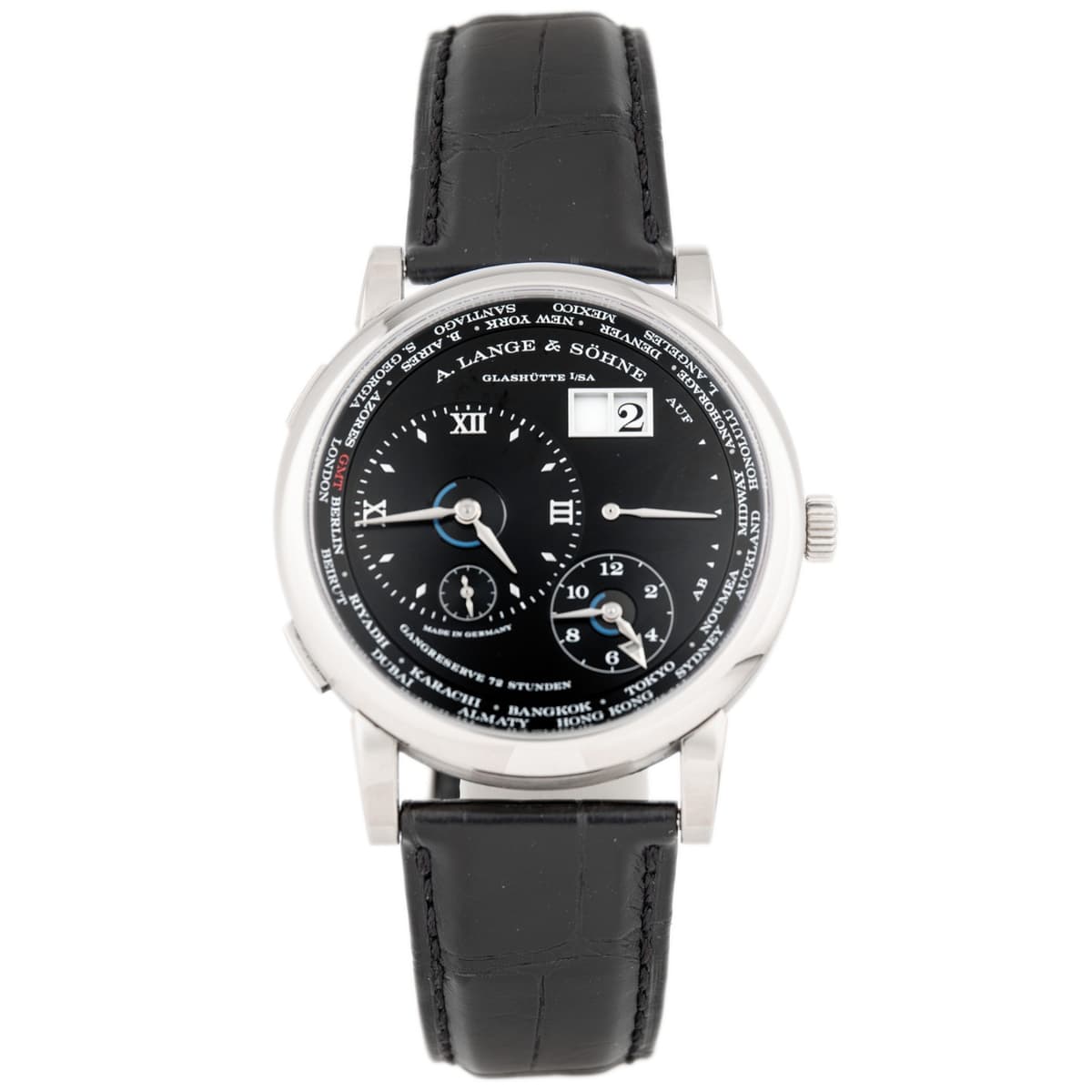 A. Lange & Sohne Lange 1 Time Zone White Gold Black Dial 41.9mm 136.029 Full Set