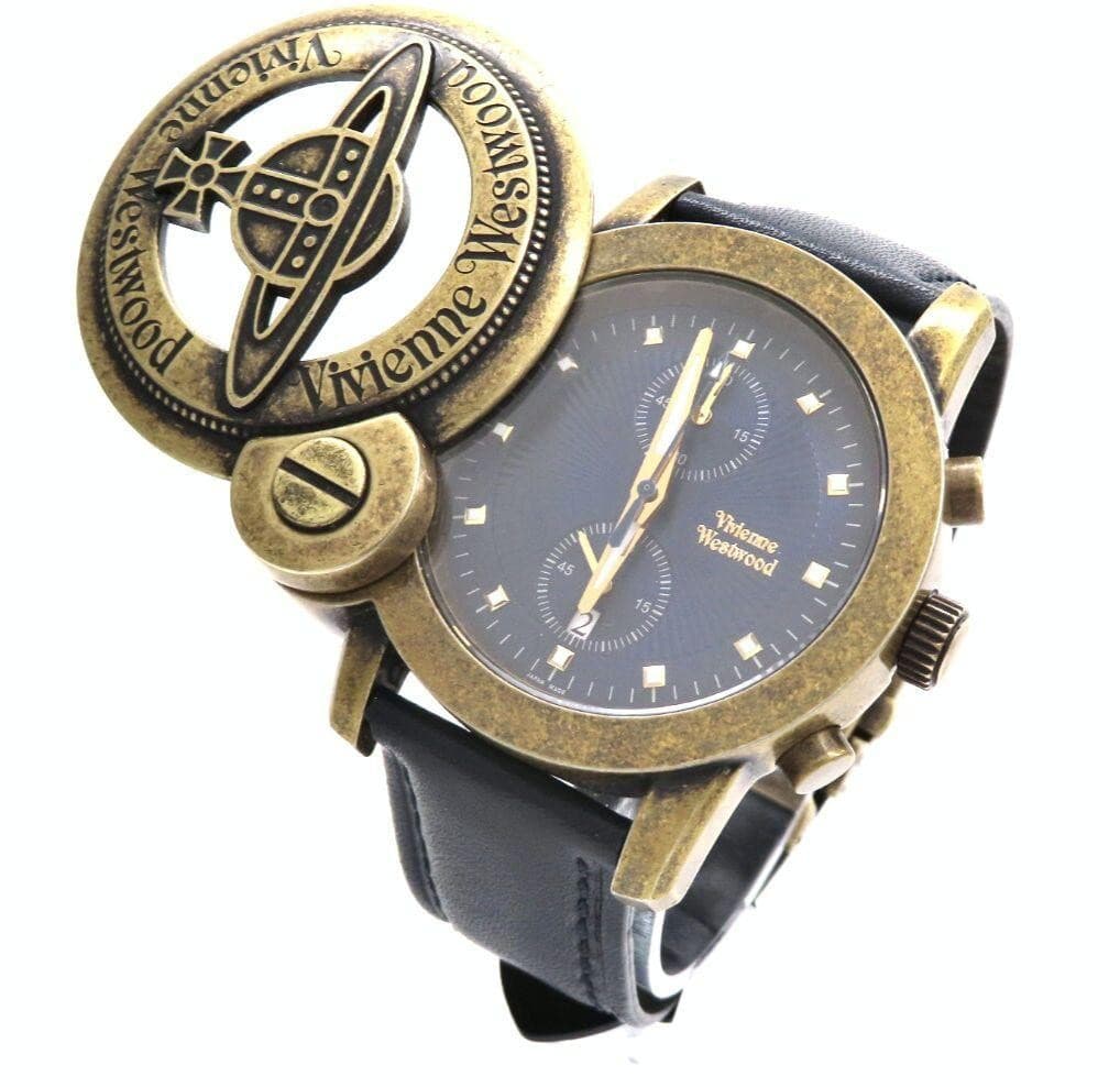 Vivienne Westwood Cage Chronograph Watch Gold Case Men's Leather Strap Used