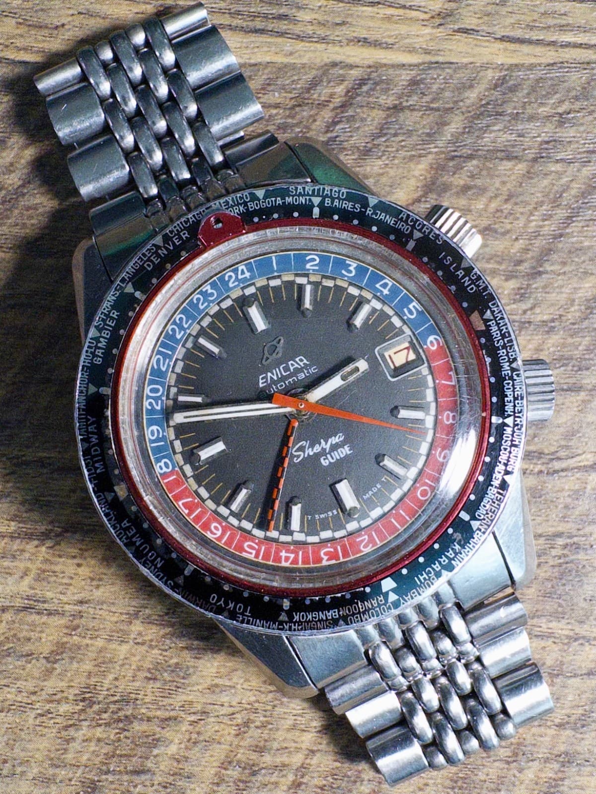 Vintage Enicar Sherpa Guide GMT Watch 43mm ref 145-35-01A on Original Bracelet