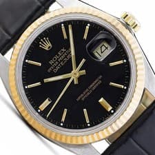 36mm Rolex Datejust 16013 18K Gold Bezel Black Dial Leather Band Men's Watch