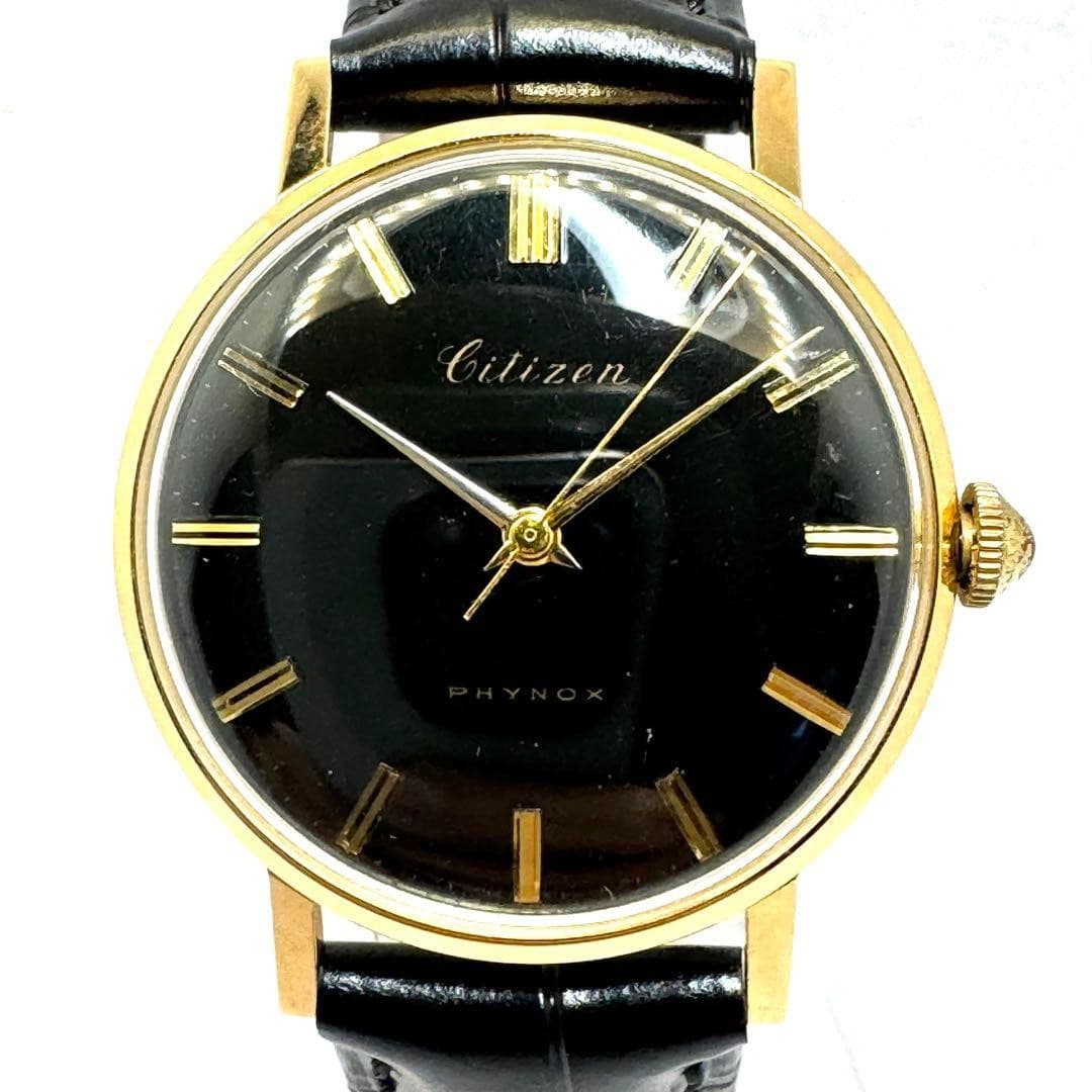 Vintage Citizen Finox Hand-Wind Watch, Black Dial, 1950s, Leather Band