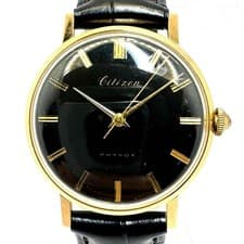 Vintage Citizen Finox Hand-Wind Watch, Black Dial, 1950s, Leather Band