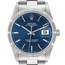Rolex Date Steel Blue Dial Engine Turned Bezel Mens Watch 15210