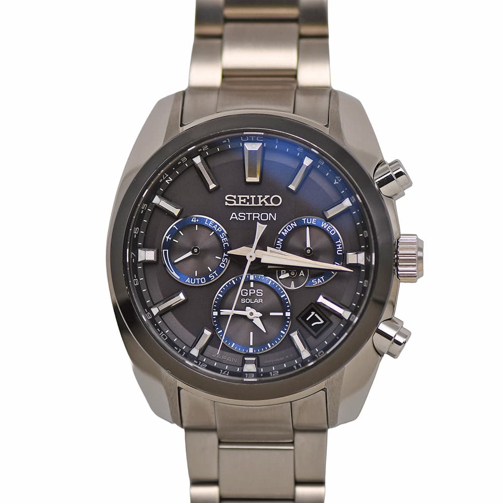 Seiko Astron SBXC053 Dual Time Solar GPS Watch Stainless Steel Black Dial