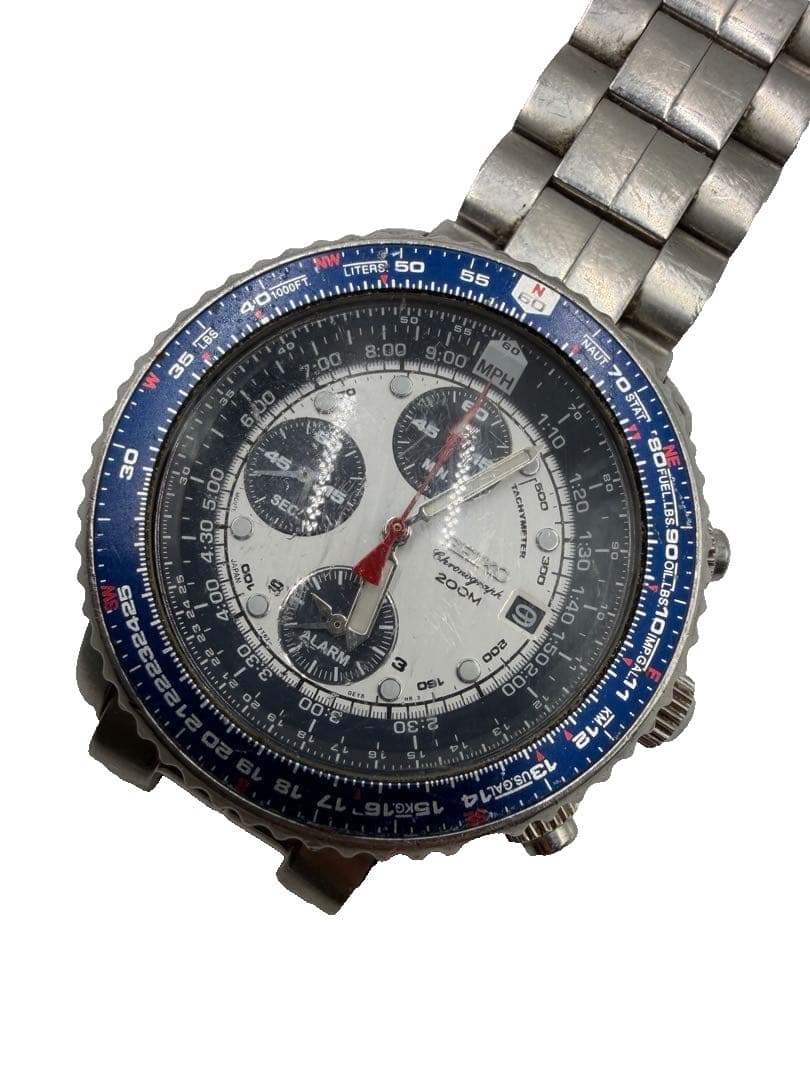 Seiko Pilot Chrono 7T62-0EB0 White / Blue Panda Dial Non Working Japan Rare