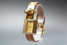 【Near MINT】HERMES Kelly Brown Leather 20mm Qz Women's Padlock Watch Swiss Made