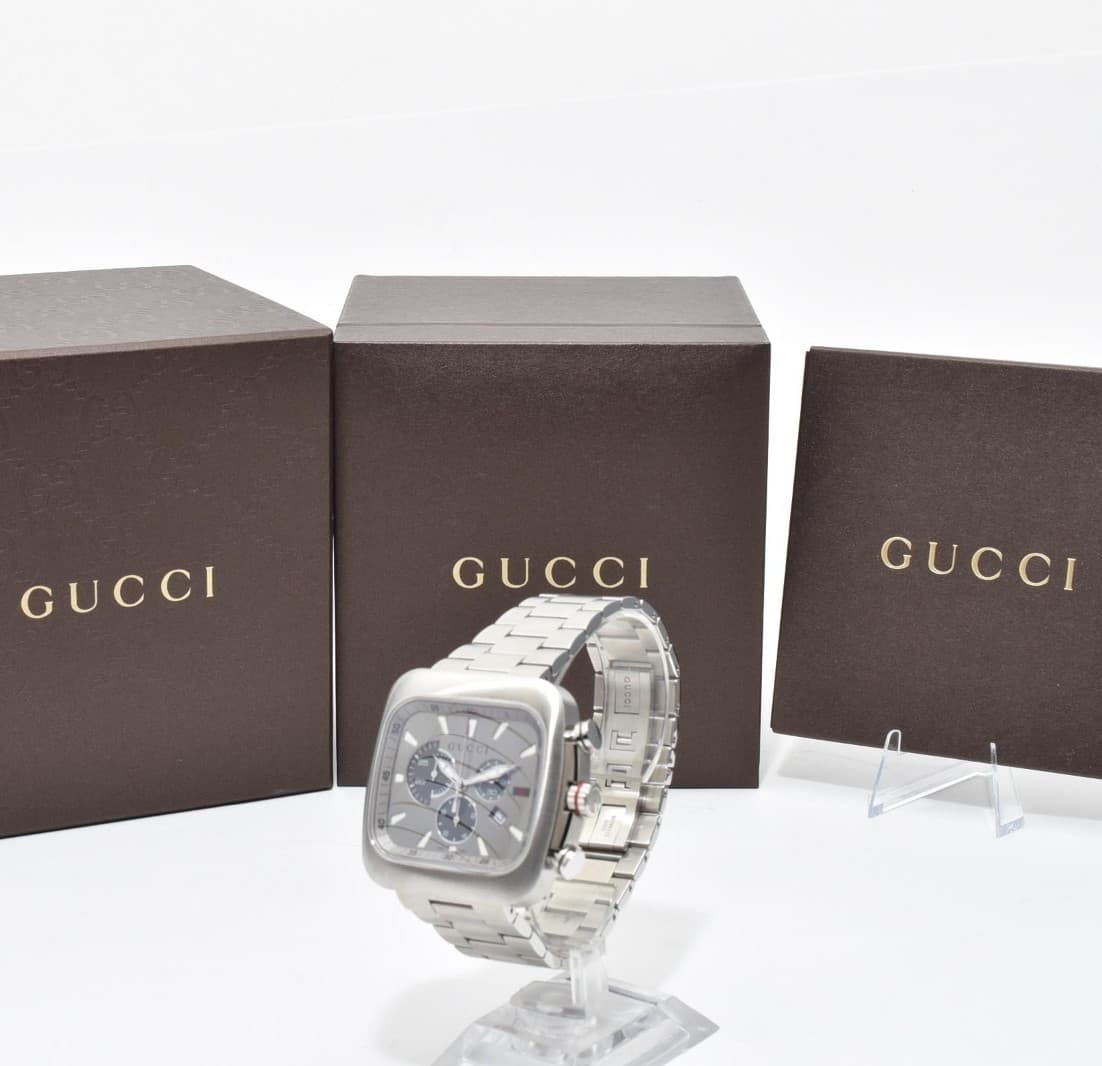 [TOP MINT w/Case] GUCCI 131.2 Chronograph Quartz Square Date Silver Mens Watch