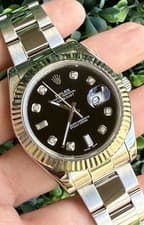 Rolex Datejust II Black AM Diamond Dial 41mm 18k White Gold Fluted Oyster 116334