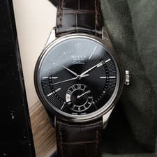 Rolex Cellini Dual Time White Gold Black Guilloche Dial Leather Strap 39mm Watch