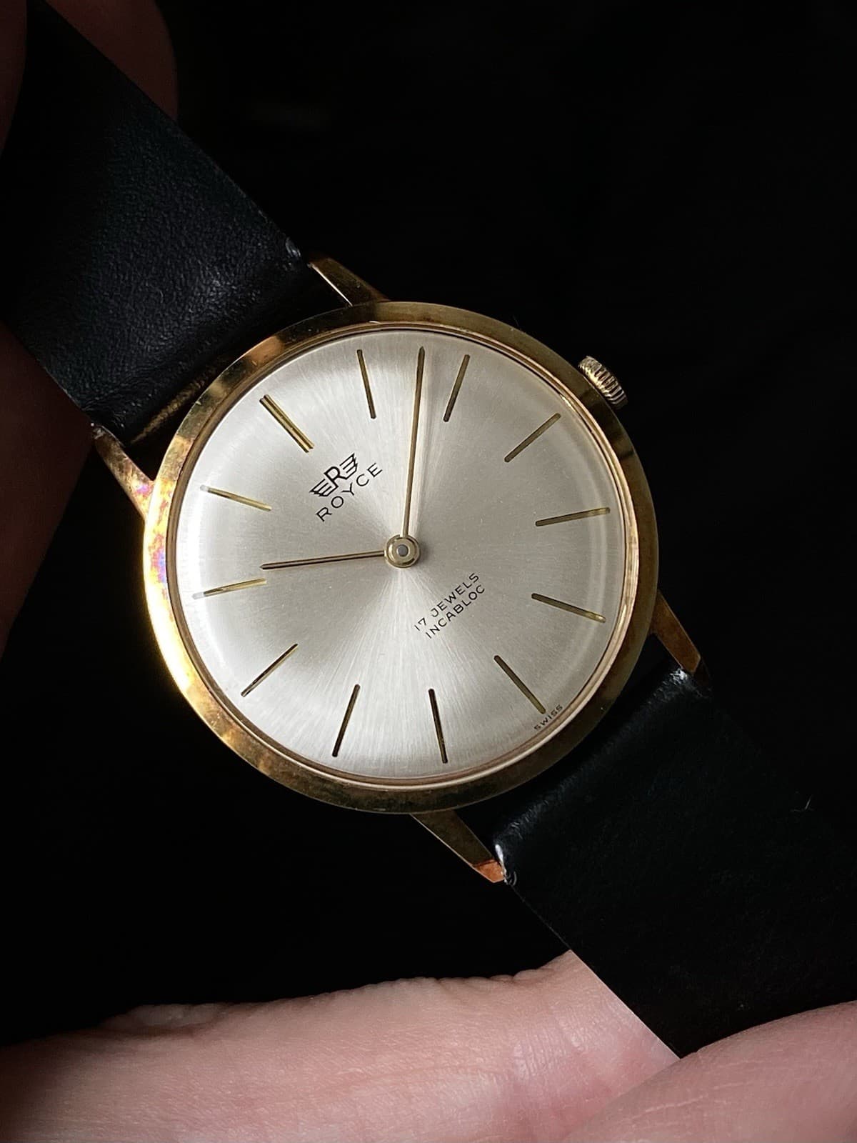NOS 1960s Rone dress watch gold plated case silver sunburst dial AS 1690/92