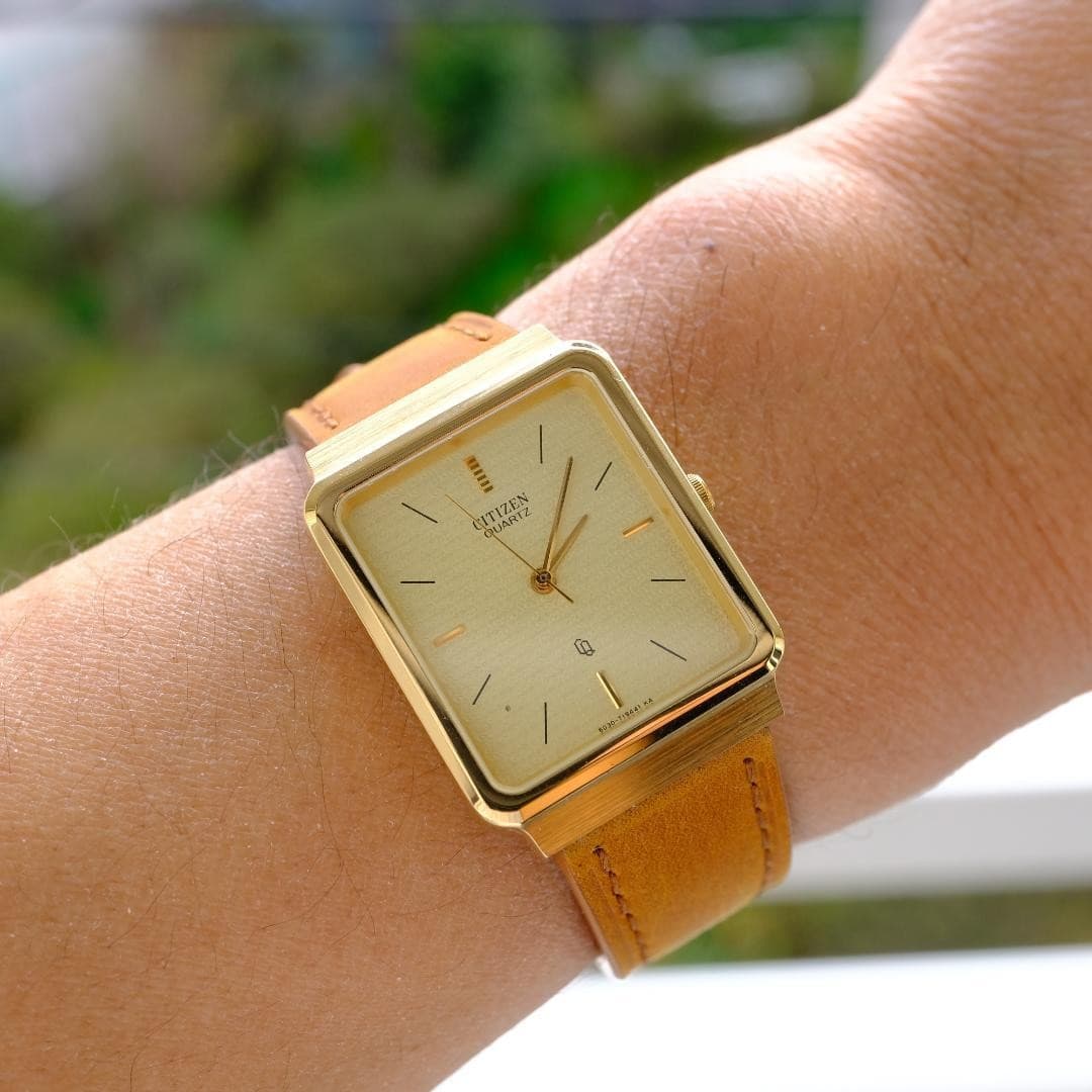 Citizen Gold Square Watch Leather Cream Dial Brown Leather Used
