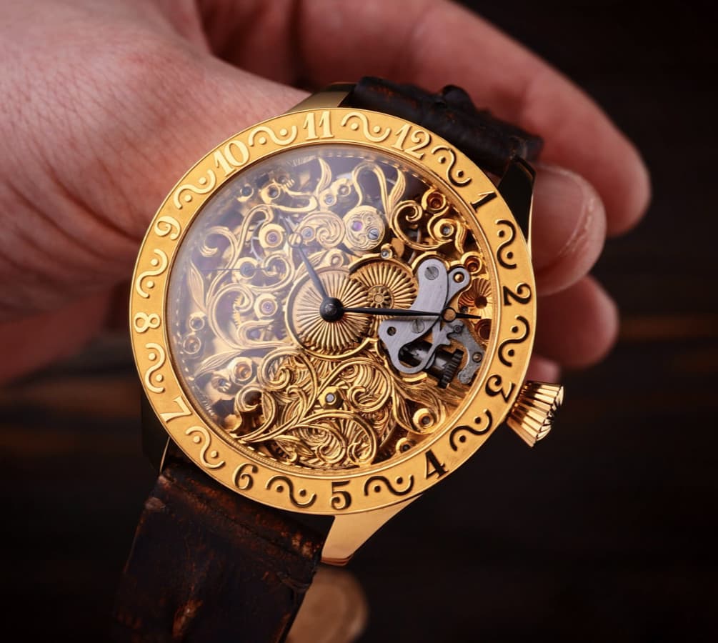 Skeleton Marriage Watch &Original Omega Pocket Movement 1930, 48mm Engraved Gold