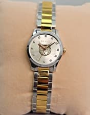 GUCCI G-Timeless Two-Tone Mythic Cat Silver Dial Diamond Markers 27mm Ladys