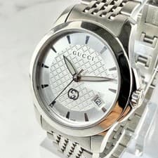 GUCCI Wristwatch G Timeless Guilloche Date Silver Authentic From Japan