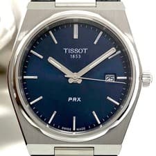 Men s Watch TISSOT PRX T137410A Quartz Navy Date Display Leather Strap 100m Wat