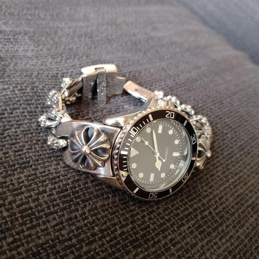 925 Silver Diver's Watch Bracelet Chrome Hearts Flower Design New