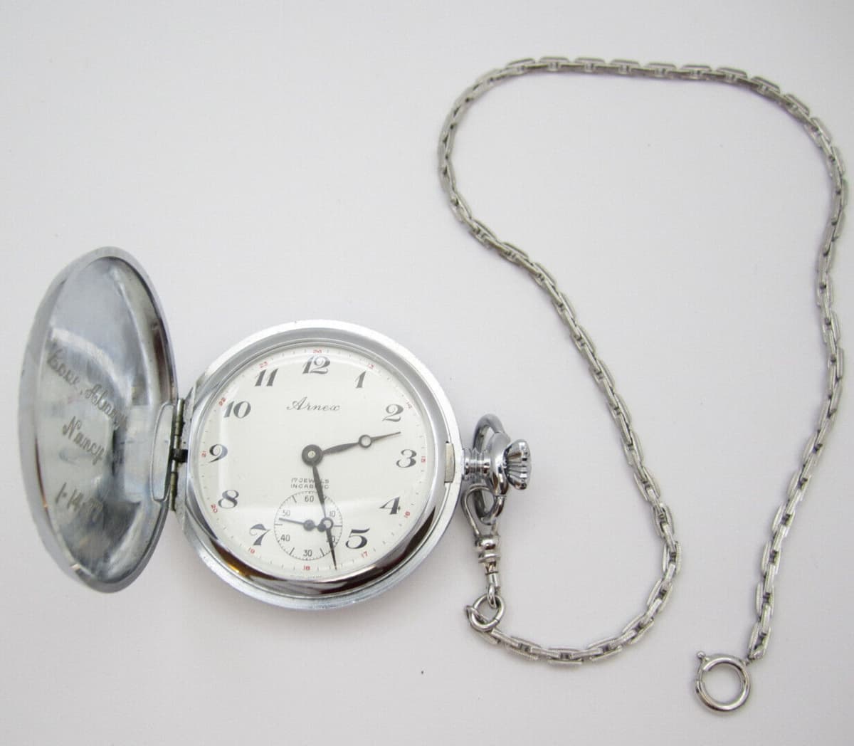 Vtg Arnex 17 Jewel Incabloc Hand Wind Analog 37mm Hunter Pocket Watch (H171)