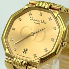 Dior Octagon Watch 11 Diamond Dial Gold Timepiece Wristwatch Authentic