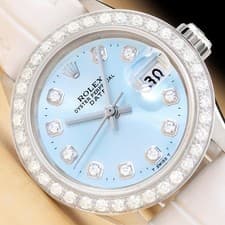 ROLEX LADIES 6517 DATE 18K GOLD ICE BLUE DIAMOND WATCH w/ WHITE LEATHER BAND