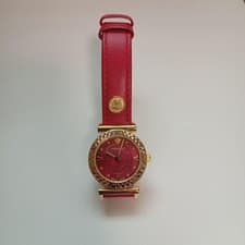 VERSACE Red Leather Analog Watch Gold Tone Case Timepiece Women Luxury