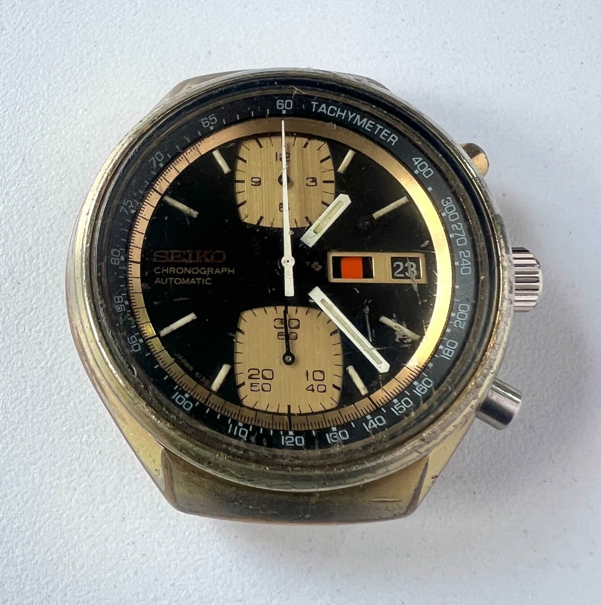 SEIKO 6138-8030 Automatic Chronograph Watch Vintage Mens Black Dial 21 Jewels