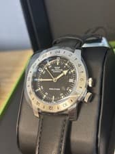 Glycine Watch Airman Quartz GMT Black Dial World Time Leather Strap Unused w/Box