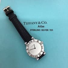 TIFFANY & CO. Atlas L0640 Watch Quartz Sterling Silver 925 Black Leather Band
