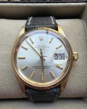 Rolex Oyster Perpetual Date Gold Dress Watch Leather Strap Date Indicator