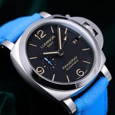 Panerai 1950 3 Days GMT Automatic Black Dial Blue Textile Steel MINT PAM 01320