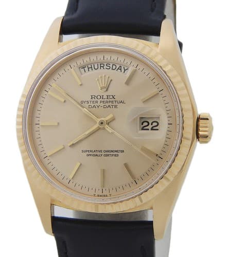 Mens Rolex Day-Date 1803 Solid 18K Yellow Gold Watch Champagne Dial Black Band