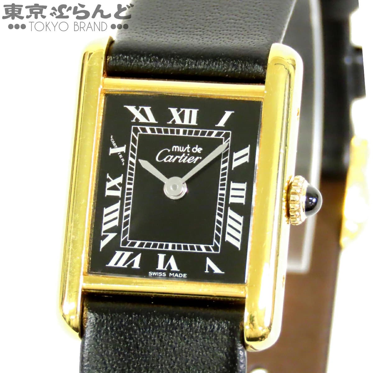 Cartier Tank SM Watch Manual Wind Leather Black SV925 Vintage Authentic
