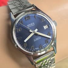 Vintage GRUEN men's automatic watch 518CA Date Blue dial Number mark 1970s