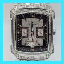 Bulova Men's Square Quartz Watch Silver/Black Diamond-Style Decor Box New