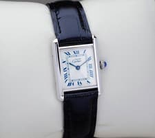 Cartier Must Tank SM Silver Blue Roman Dial Quartz 21mm Rhodium Plated Women’s