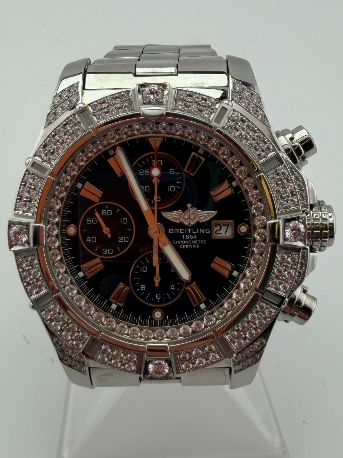 Breitling Super Avenger SS Chronograph Black 48mm CUSTOM Diamond Bezel A13370