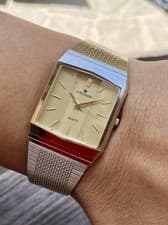 1980s Vintage German Junghans Swiss Quartz TV Screen Tank Faceted Crystal