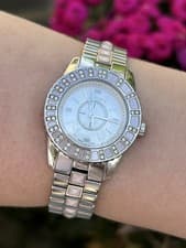 Dior Diamonds Ladies Watch Pink Amazing Condition NEW BATTERY Box Paper