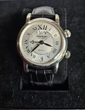 Montblanc Reveil Day-Date Vibrating Alarm; Ref 7026; Silver Dial; Black Leather