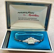 * HAMILTON 14K Gold Vintage Watch w/ Diamonds Black Cord Bracelet + BOX, WORKING