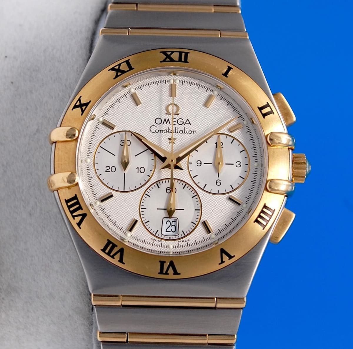 Mens Omega Constellation 18K Gold & SS Chronograph Watch - Silver Dial - 1242.30
