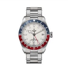 RED AND BLUE RIMMED WHITE FACED STAINLESS STEEL TUDOR WATCH FULL SET