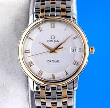 Mens Omega DeVille Prestige 18K Gold & SS Watch - Silver Logo Dial - 4310.32